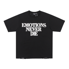 "Emotions Never Die" Rhinestone Distressed Hem Oversized Tee